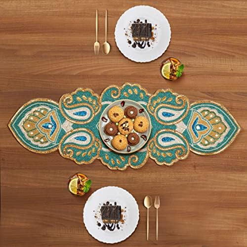 Lightnpro Beaded Christmas Table Runner 13x36 Inch - Teal Gold Paisley Design -Perfect Handmade Decorative Runner for Holiday, Thanksgiving, New Year, Winter Table Décor, Suitable Gift Every Occasion