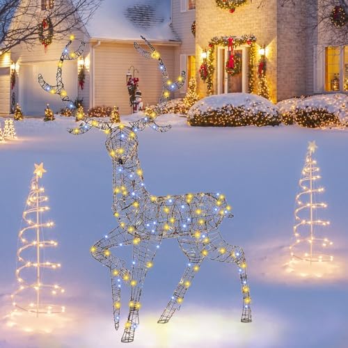 Tangkula 4.6 FT Christmas 3D Lighted Reindeer, Pre-Lit Rattan Buck