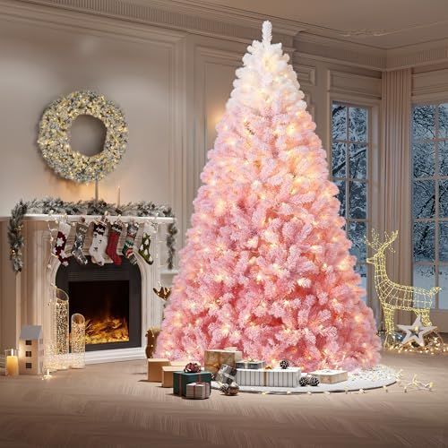 Garvee 6 ft Pre-lit Artificial Christmas Tree with 250 Warm White LED Lights, Snow Flocked Christmas Tree with 750 Branch Tips & Metal Stand, Indoor Outdoor Xmas Decoration, Pink Gradient