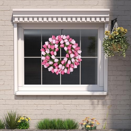 24 Inch Tulip Summer Wreath for Front Door Spring Silk Wreath with Green Leaves Artificial Tulip Flower Wreaths for All Seasons Farmhouse Porch Wall Living Room Home Widding Decor