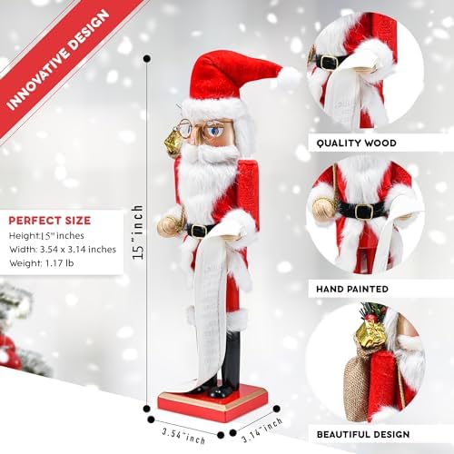 Christmas Santa Gift Wooden Nutcracker - 15" Red Bag Gifts & List of Names