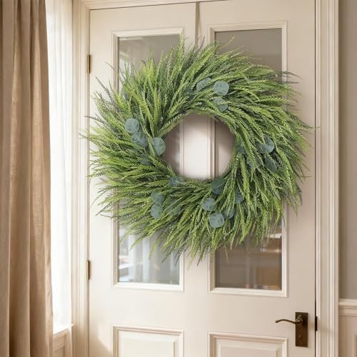 26" Artificial Eucalyptus with Fake Saw Grass Wreath for Front Door Decor