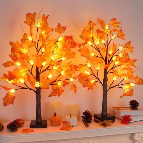 2 Pack 24 Inch Lighted Maple Trees with 48 LEDs & Timer, Fall Decorations for Home, Battery Operated Artificial Autumn Tabletop Tree with Acorns Maple, Indoor Fall Decor Thanksgiving Table Centerpiece