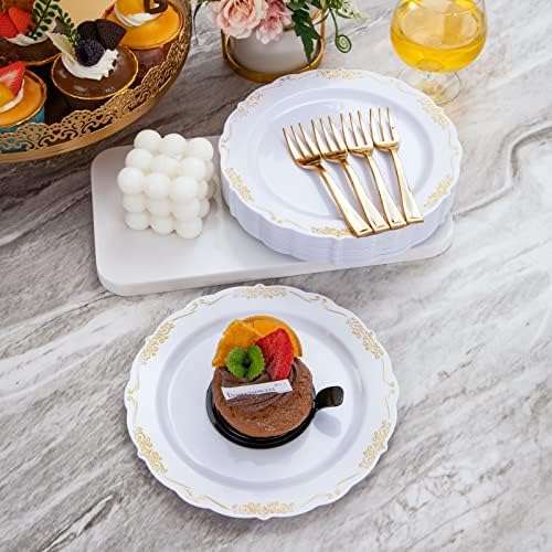 LIYH Gold Rim White 200 Pcs Heavy Duty Dessert Plates Forks Wedding Set