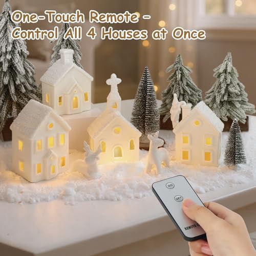 Christmas Decorations Indoor - 9 Piece Christmas Village Sets with 4 Remote Control Lighted Ceramic Houses, 2 Trees, 2 Deer & Santa - Neutral White Farmhouse Holiday Decor for Home Table Room(White)