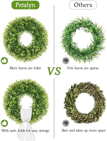 22 Inch Artificial Boxwood Wreaths for Front Door with Sash Outdoor Summer Wreath for Front Door, Spring Green Wreath UV Resistant Waterproof for Wall Window Porch Farmhouse Wedding Year Round
