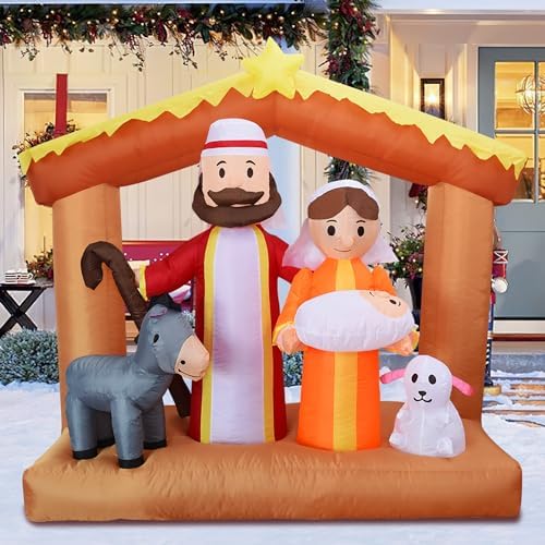 6FT H Christmas Inflatable Nativity Scene with Build-in LED Lights, Christmas Inflatable Outdoor Indoor Decorations Large Party Yard Decoration (The Nativity)