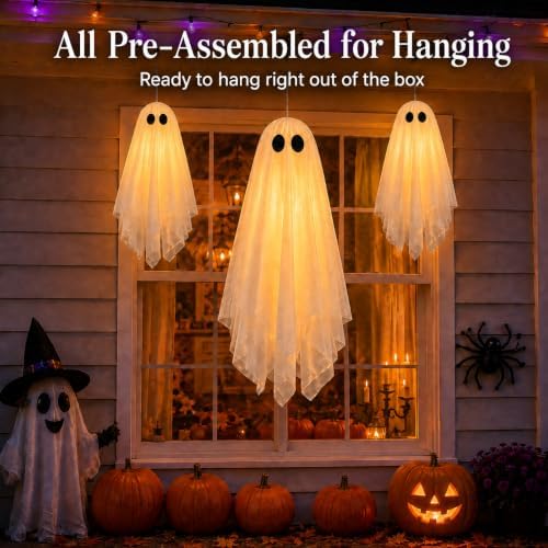 3 Pack Pre-Assembled Hanging Ghosts Halloween Decorations with Warm Glow,Ghost Decor with Remote Timer & Upgraded Double-Layer Sheet, Swinging Ghost for Indoor Outdoor Tree Porch Yard Garden Party