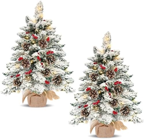 2 Pack 24"/2FT Thick Snow Flocked Tabletop Christmas Tree Battery Operated