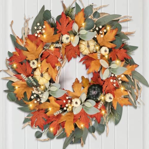 Realistic Fall Wreath with Lights/Timer 24 inch Fall Wreaths for Front Door with Pumpkins Autumn Wreath for Thanksgiving Outdoor Indoor Farmhouse Harvest Fall Decorations for Home Porch Decor