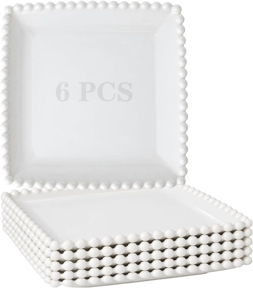 8.5 Inch Ceramic Square Pasta Plates, White Porcelain Dinner Plate Set of 6