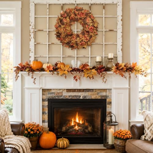 20" Fall Wreath for Front Door, Artificial Maple Leaves Autumn Wreath