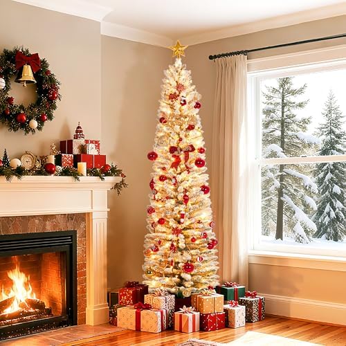 6Ft Pre-Lit Snow Flocked Pencil Christmas Tree, Fir Hinged Slim Skinny Corner Xmas Tree with 120 Incandescent Warm White Lights & Snow Branch Tips, White