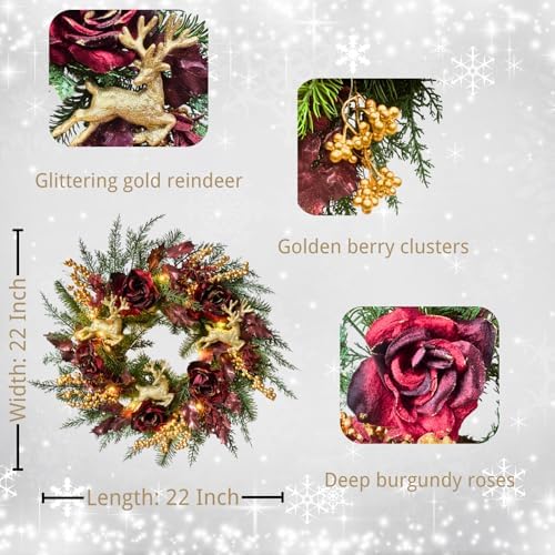 Svndlyn 22 Inch Lighted Burgundy Christmas Wreath with Timer and Reindeer