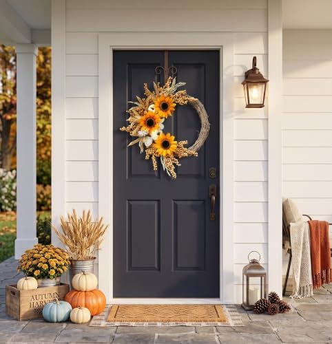20 Inch Sunflower Fall Wreath for Front Door with White Pumpkin and Berries