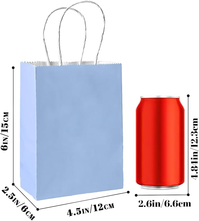 Bakepacker 100 Pcs Light Blue Mini Paper Gift Bags with Handles 6"x4.5"x2.5" Party Favor Bags Multiple Uses (Mini size)