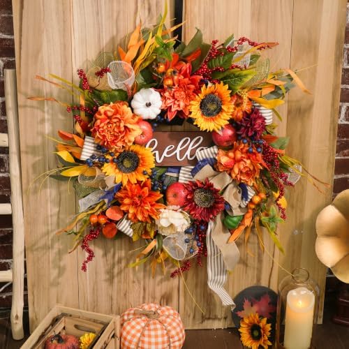 Fall Wreaths for Front Door 24 Inch Autumn Harvest Sunflower Apple Wreath