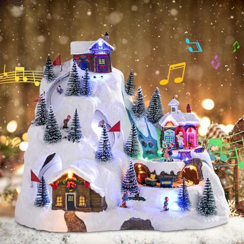 VCUTEKA Christmas Village Collectible Building, Snowy Mountain with Ski Slopes and Revolving Train Lighted Musical Village Addition to Your Christmas Indoor Decor