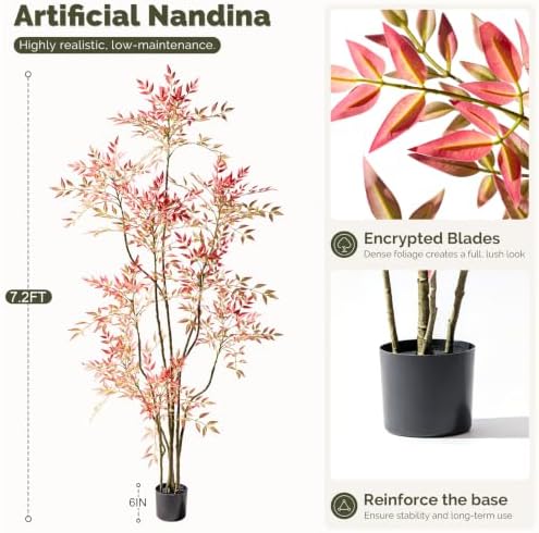 7.2ft Faux Bamboo Tree Artificial Nandina Tree Artificial Indoor Plants Realistic Fake Potted Tree with 800+ Leaves, Cement Planter - Home Office Decor Perfect for Housewarming Gift Non-Toxic