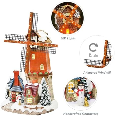 MOMENTS IN TIME Lighted Windmill Christmas Village Building LED Lights & Animation 12.2” Handcrafted House Battery Operated Holiday Decoration Gift Wrapped Ready