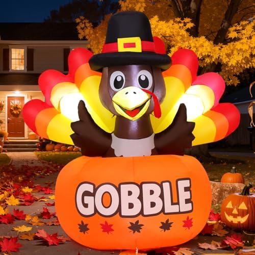 GOOSH 4FT Thanksgiving Inflatables Turkey Outdoor Decorations with Built-in LED Lights,Blow Up Turkey with Pumpkin for Lawn Yard Garden Party House Holiday Decor