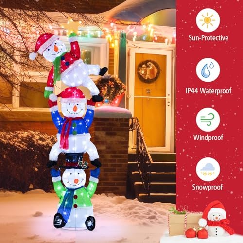 Tangkula 6 FT Lighted Christmas 3 Stacked Snowman, 3D Xmas Light-up Snowman