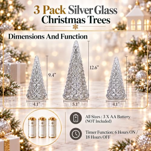 Christmas Decorations Indoor, YEAHOME Set of 3 Pre-lit Gold Glass Christmas Tree for Home Decor, Christmas Table Decorations Lighted Xmas Tree with Timer for Living Room Mantel Tabletop Party