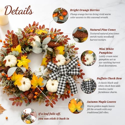 Grooy 24 Inch Fall Wreath for Front Door with Artificial Pumpkin Bow