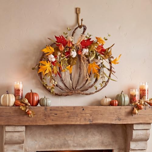 Fall Pumpkin Wreath for Front Door, Grapevine Maple Leaves
