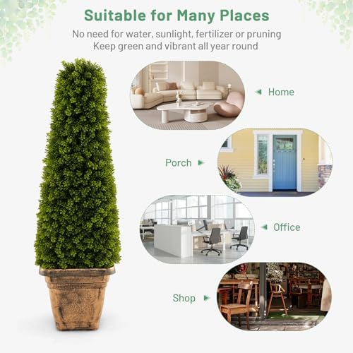 GOFLAME 3FT Artificial Boxwood Topiary Tree, Faux Boxwood Tree with Cement-Filled Pot, Fake Potted Bushes and Shrubs for Indoor & Outdoor Porch Garden Patio, No Maintenance Needed