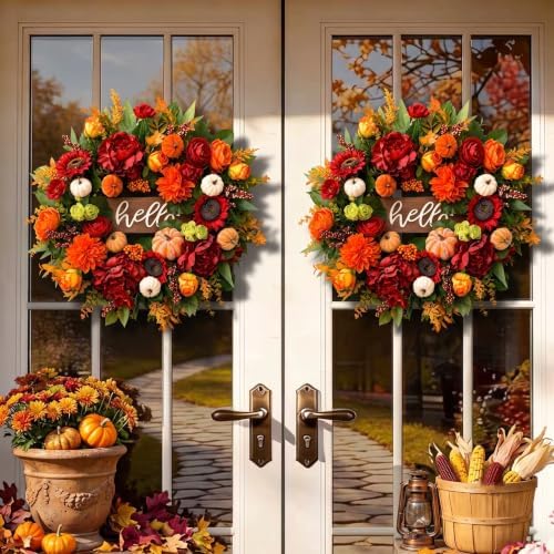 24 Inch Fall Wreath for Front Door,Farmhouse Harvest Door Wreaths