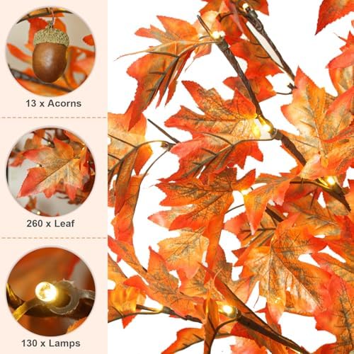 2 Pack 6FT 130 LED Lighted Maple Tree - Thanksgiving Decor Artificial Fall Tree with 13 Branches, 13 Acorns 260 Leaves, Remote 8 Modes, Timing, DC 5V Safe for Outdoor Wedding Party Autumn Decor