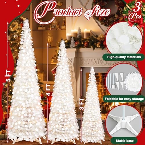 Leyndo 3 Pcs 3 ft 4ft 5 ft Collapsible Artificial Christmas Tree Pop up White Sequined Tinsel Pencil Skinny Xmas Tree for Home Fireplace Decoration