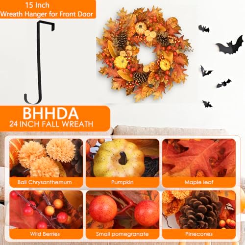 24 Inch Fall Wreath for Front Door, Pumpkin Berry Maple Leaf Autumn Decor