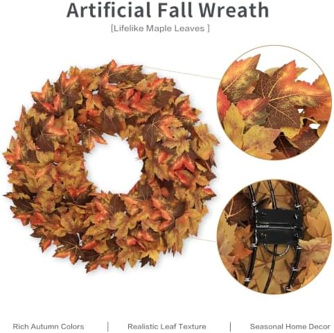 20" Fall Wreath for Front Door, Artificial Maple Leaves Autumn Wreath
