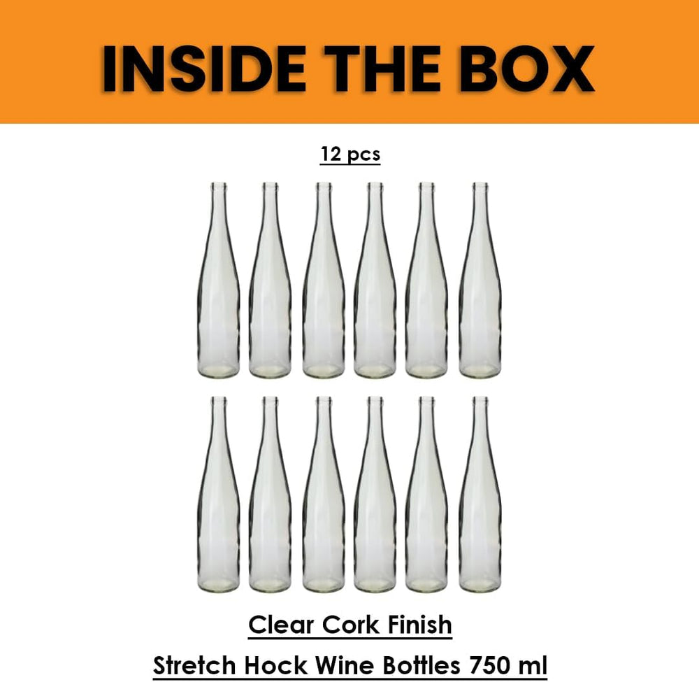 750ml Wine Bottles Clear, W13 Stretch Hock Riesling, 12-Pack - NO CORKS