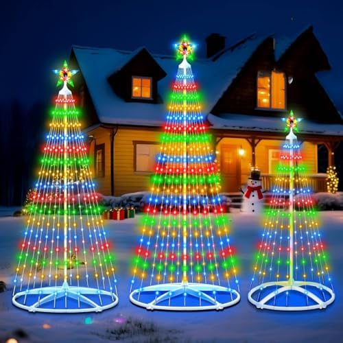 outdoor lighted christmas trees with remote control shown in use