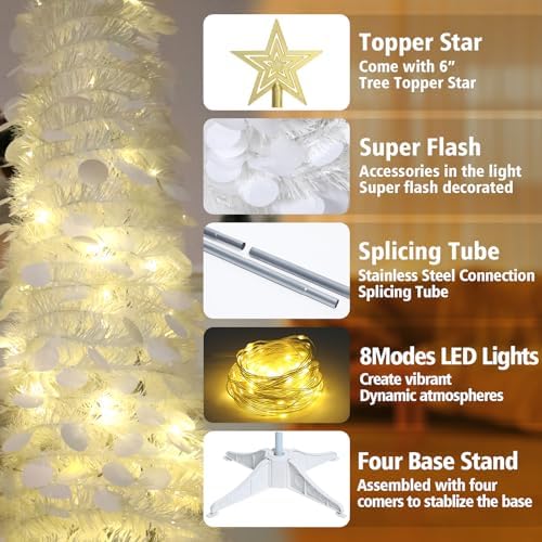 5 FT Pop Up Christmas Tree with Timer Lights and Decorations, White Artificial Tinsel Christmas Tree with 24 Ball Ornaments, Collapsible Pencil Tree for Home, Office, Holiday Party
