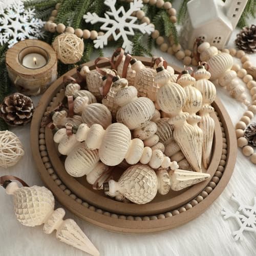 Yunlly 18 Pcs Neutral Christmas Ornaments Ivory Xmas Tree Decor