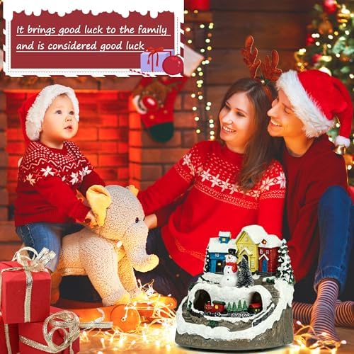 MXwcy Christmas Village House with Moving Train & Music - Lighted Snowman Figurine with 8 Holiday Songs, LED Lights - Resin Collectible Building for Indoor Xmas Decor, Table Centerpiece, Gifts