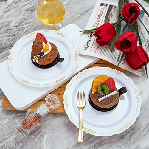 LIYH Gold Rim White 200 Pcs Heavy Duty Dessert Plates Forks Wedding Set