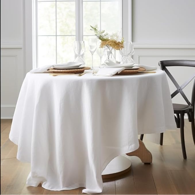 EVERLY 100% Pure Linen Round Tablecloths 90Inch Round Machine Washable Tablecloth for Thanksgiving,Decorative Halloween,Buffet Parties,Picnic,Events,Weddings and Restaurants-White