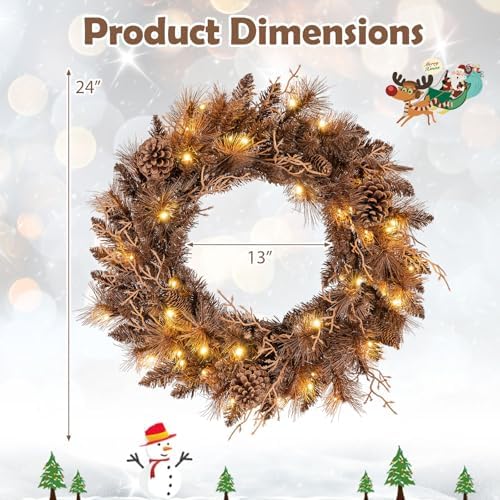 Goplus 24 Inch Pre-Lit Christmas Wreath, Battery Operated Lighted Artificial Winter Xmas Wreaths for Front Door with 105 Branch Tips, 35 Warm White LED Lights, Pine Cones, Windows Wall Mantel Decor