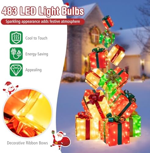 Tangkula 5.6 FT Christmas Lighted Gift Box Tower, 15 PCS Stacked Boxes Tree