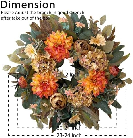 WANNA-CUL 24in Fall Front Door Wreath Dahlia Hydrangea Peony Table Decor