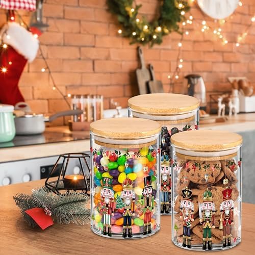 Fayoo 3 Pack Christmas Glass Storage Jars with Lid Nutcracker Canister Sets