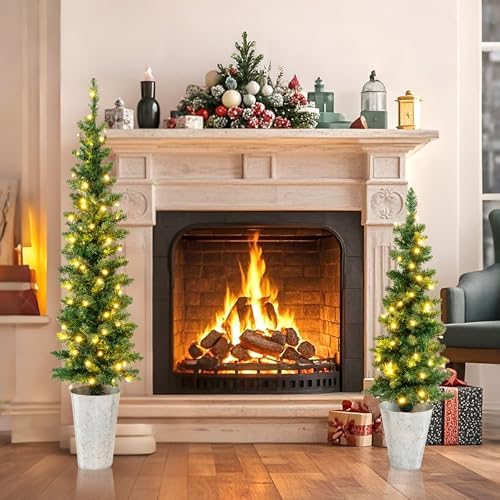 HAPPYGRILL Set of 3 Pencil Christmas Tree, 3' 4' 5' Prelit Slim Xmas Tree
