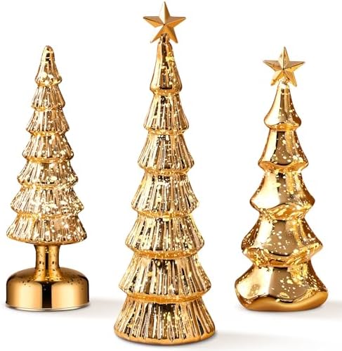 Funnymoom 3 Pack Glass Christmas Trees Light up Decor, Gold, Classic