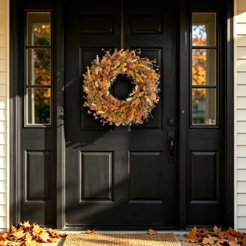 24 Inch Fall Wreaths for Front Door Wreath with Flowers,Grain,Eucalyptus Leaves Autumn Wreath for Front Door Wall Home Harvest Thanksgiving Decor
