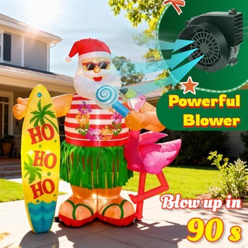 6FT Christmas Inflatable Hawaiian Santa Claus with Flamingo and Surfboard Outdoor Decoration, Tropical Blow up with Build-in LEDs for Indoor Outdoor Xmas Party Garden Yard Lawn Decor